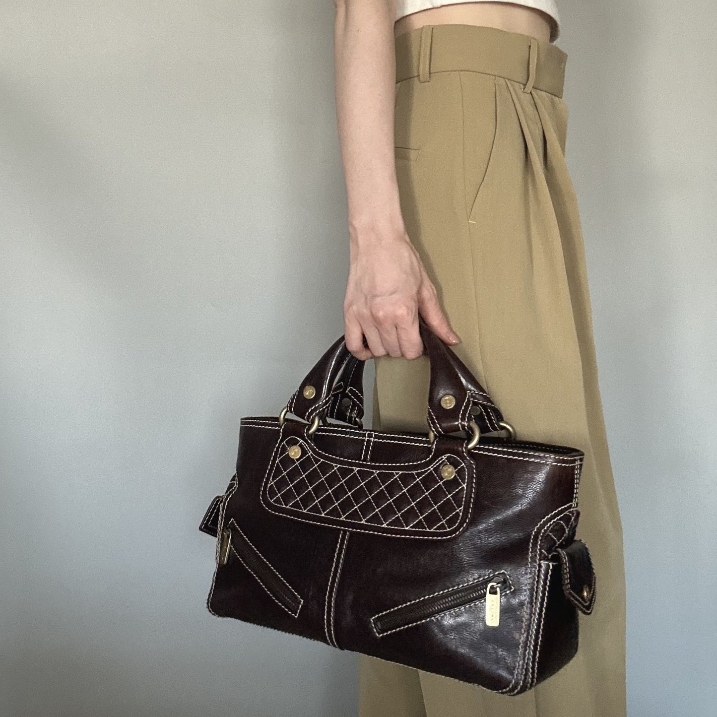 CELINE Boogie Bag Handbag Quilted Purse Leather Brown Gold Women's Used Auth