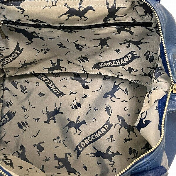 Longchamp Hand Shoulder Bag Tote Purse Le Pliage Nylon Leather Blue Authentic
