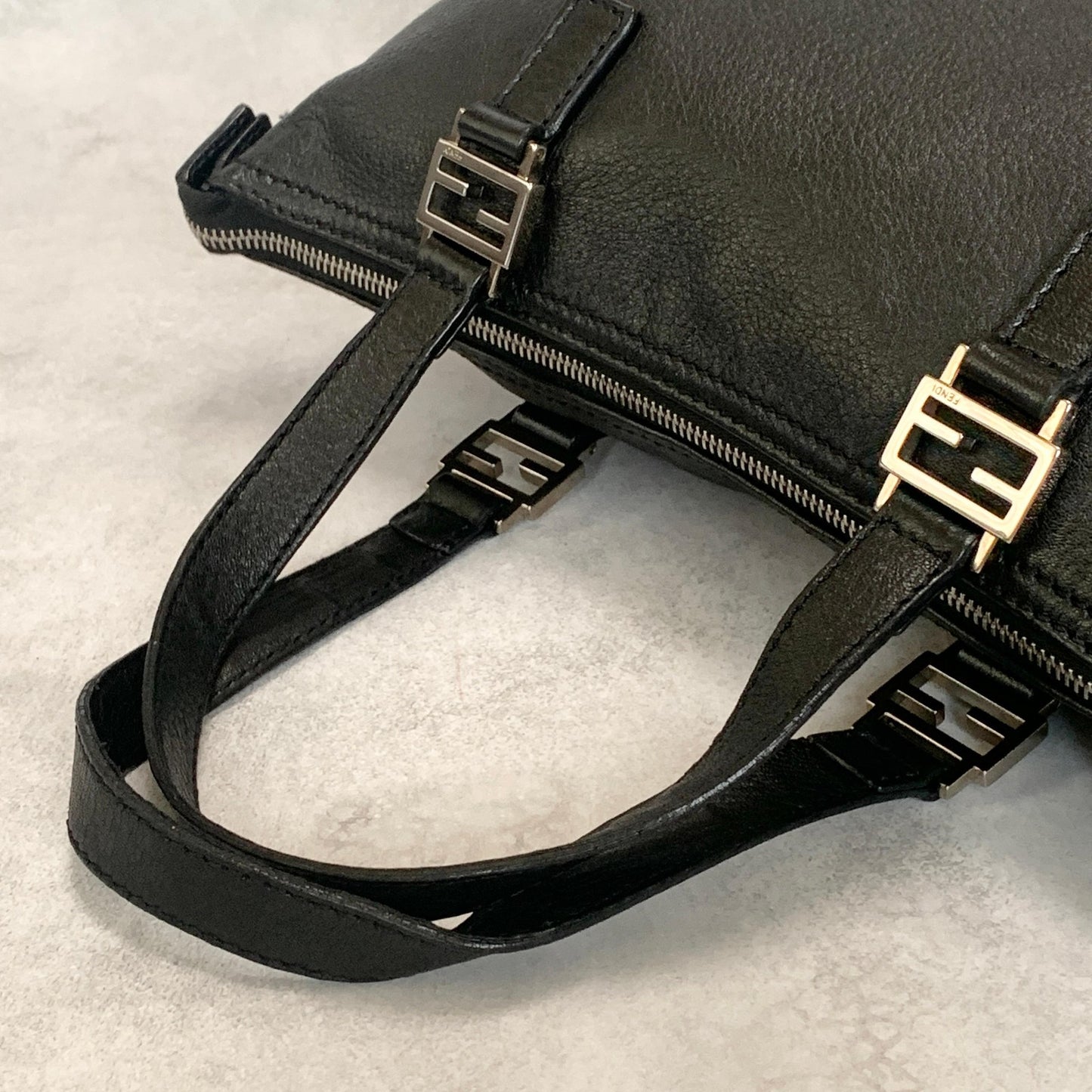 FENDI Bag FF Hand Tote Purse Leather Black Silver Women's Used Authentic