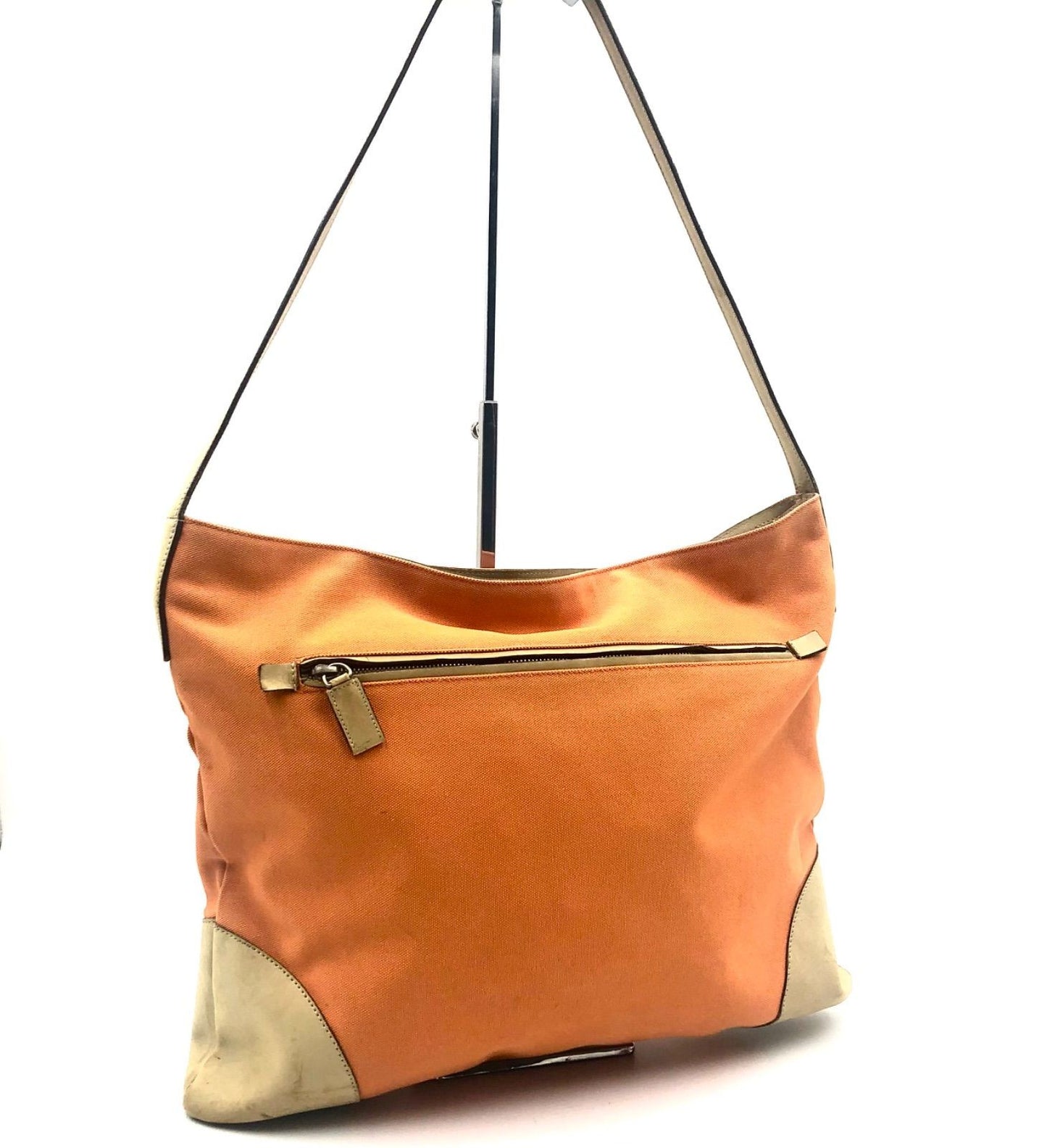 PRADA Shoulder Bag Purse Logo Canvas Leather Orange Beige Authentic