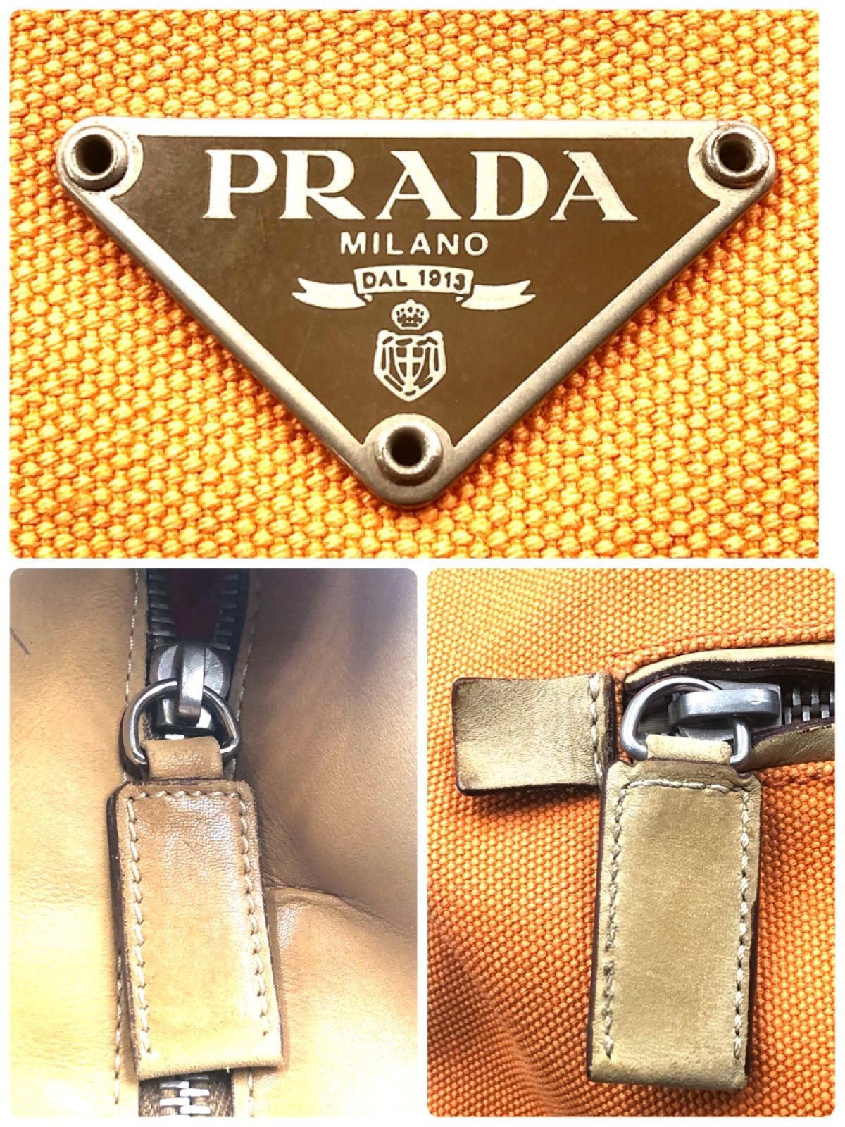 PRADA Shoulder Bag Purse Logo Canvas Leather Orange Beige Authentic