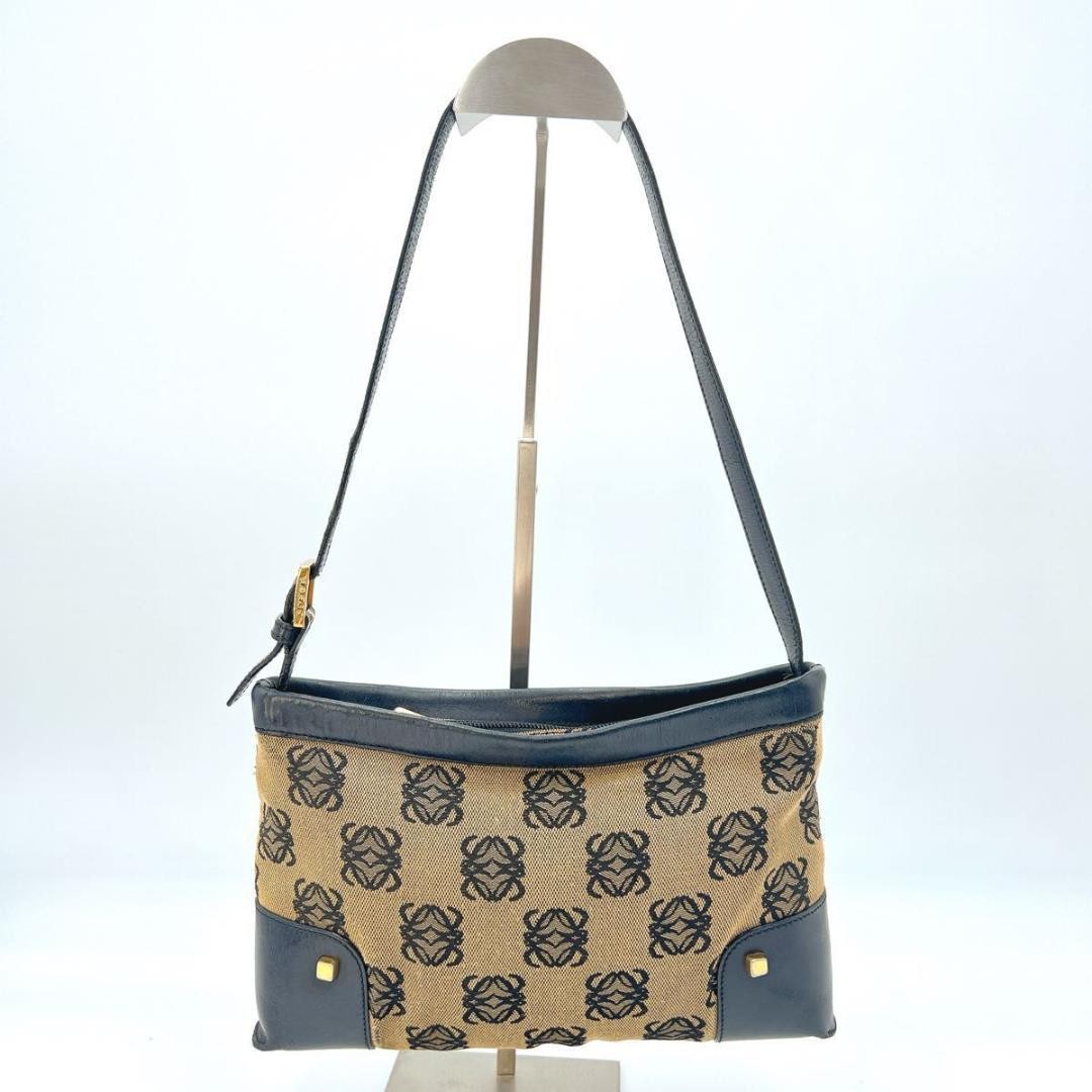 LOEWE Shoulder Bag Purse Anagram Canvas Leather Beige Authentic