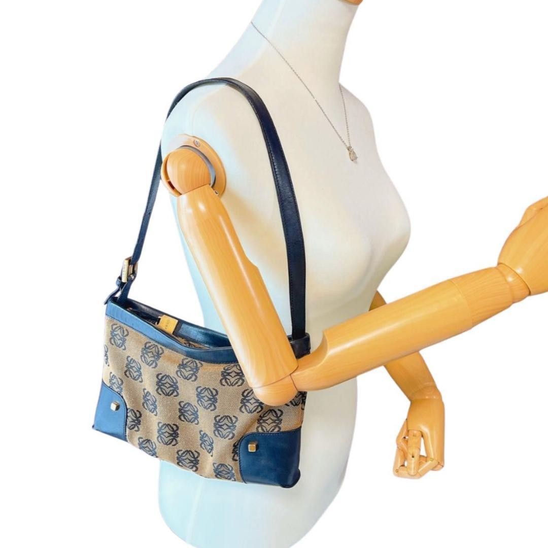 LOEWE Shoulder Bag Purse Anagram Canvas Leather Beige Authentic