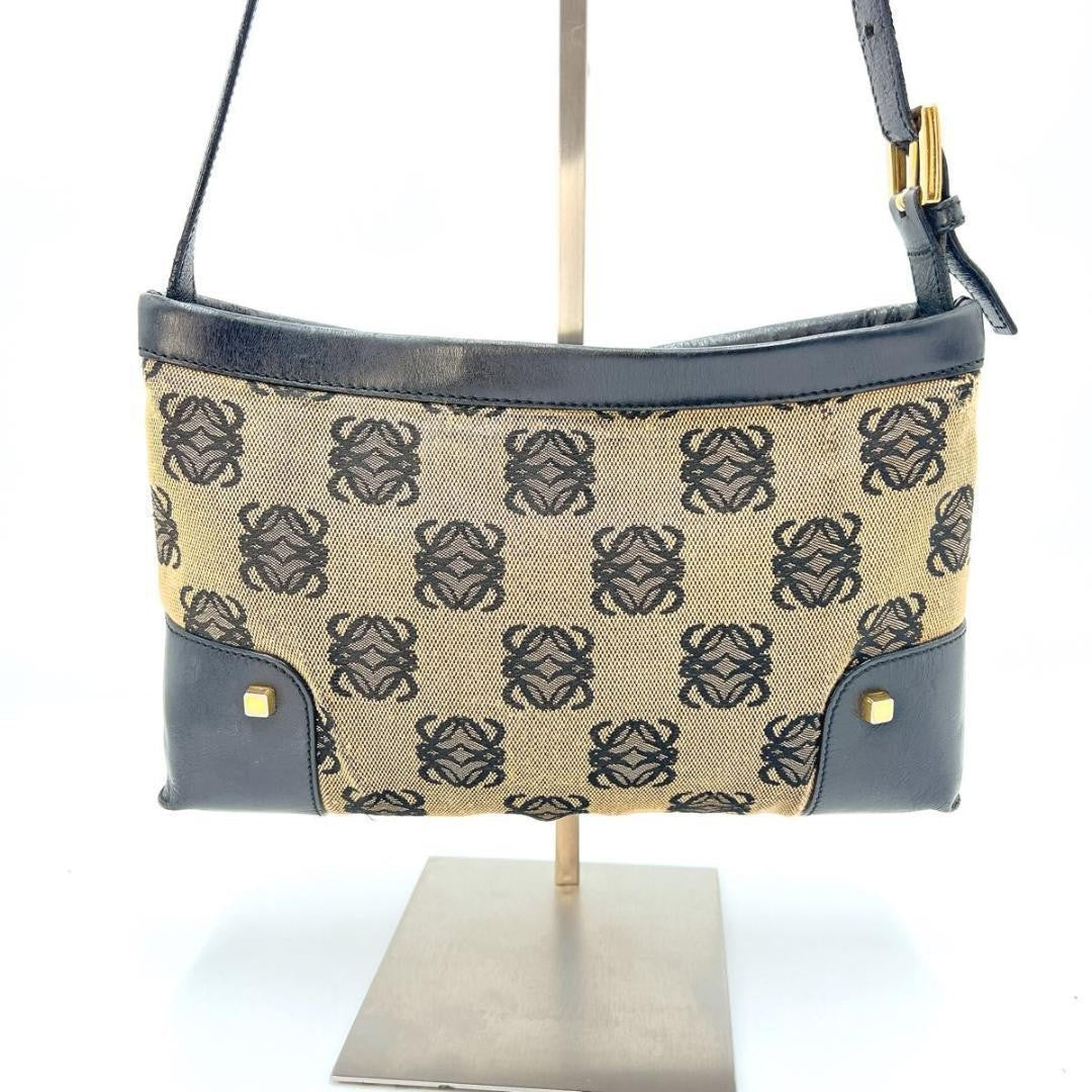 LOEWE Shoulder Bag Purse Anagram Canvas Leather Beige Authentic
