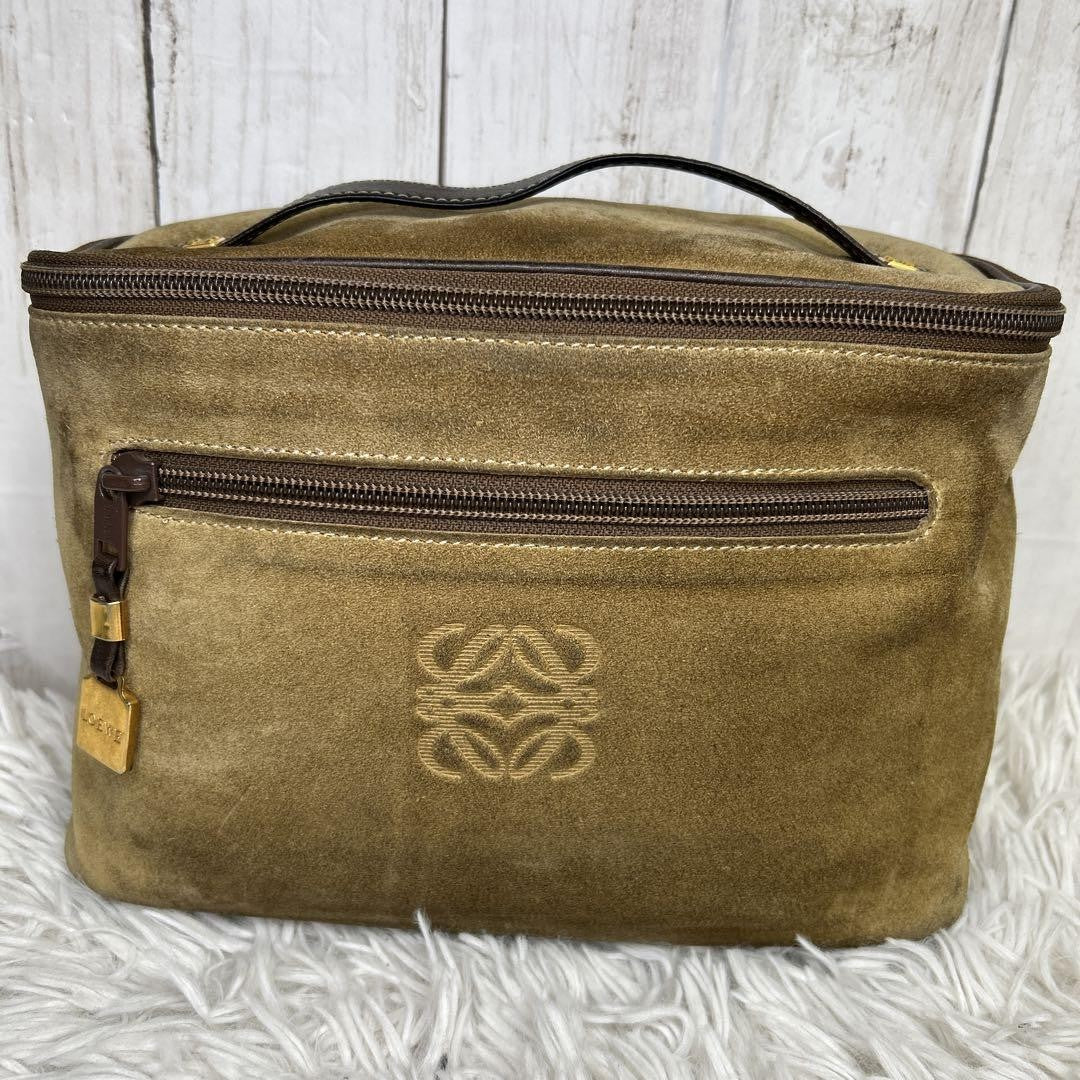 LOEWE Hand Bag Tote Purse Vanity Bag Anagram Suede Brown Authentic