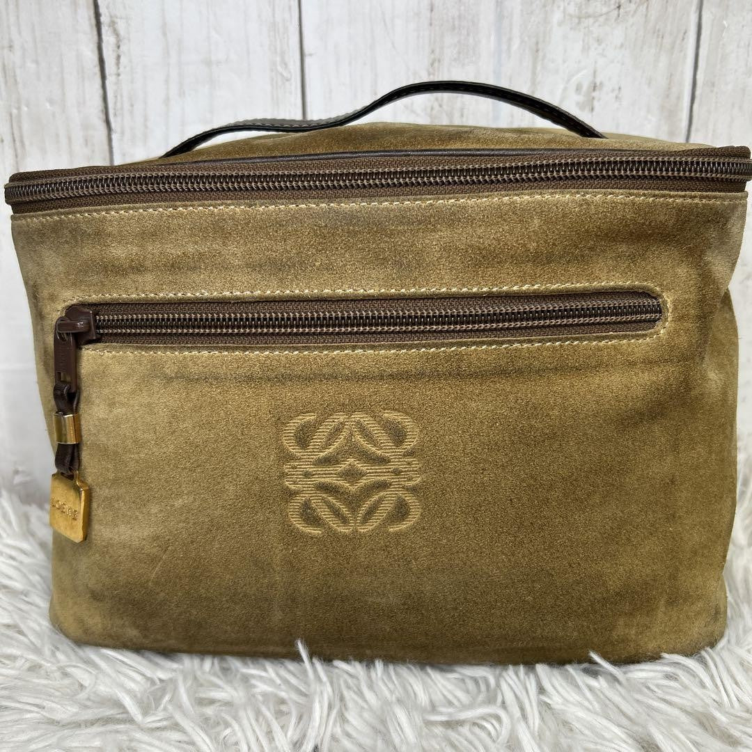 LOEWE Hand Bag Tote Purse Vanity Bag Anagram Suede Brown Authentic