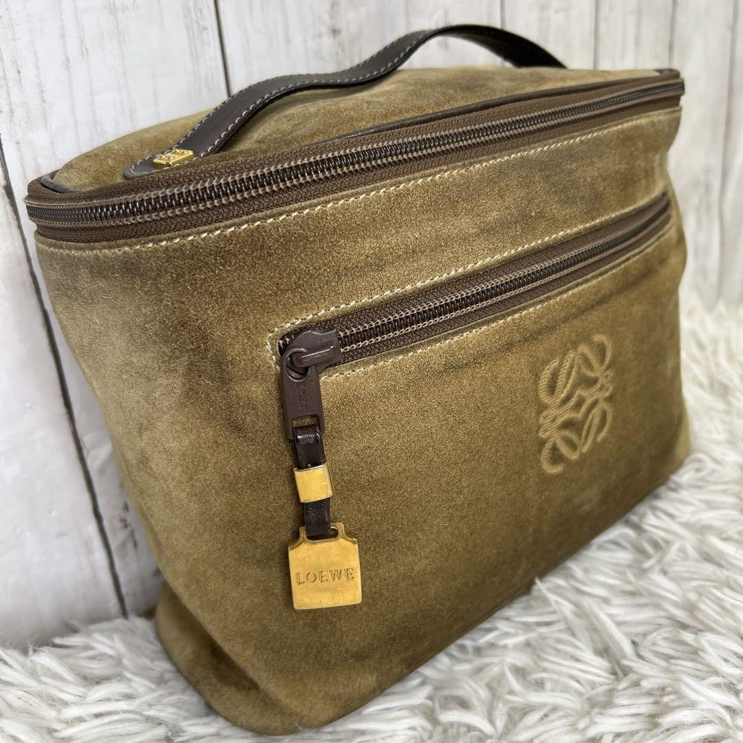 LOEWE Hand Bag Tote Purse Vanity Bag Anagram Suede Brown Authentic
