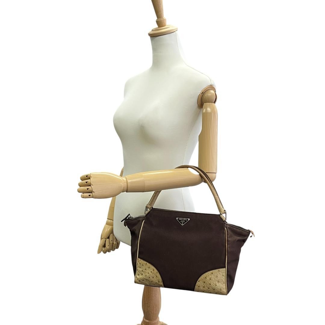 PRADA Hand Bag Tote Purse Logo Leather Canvas Brown Beige Authentic