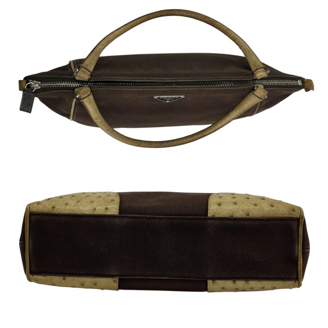 PRADA Hand Bag Tote Purse Logo Leather Canvas Brown Beige Authentic