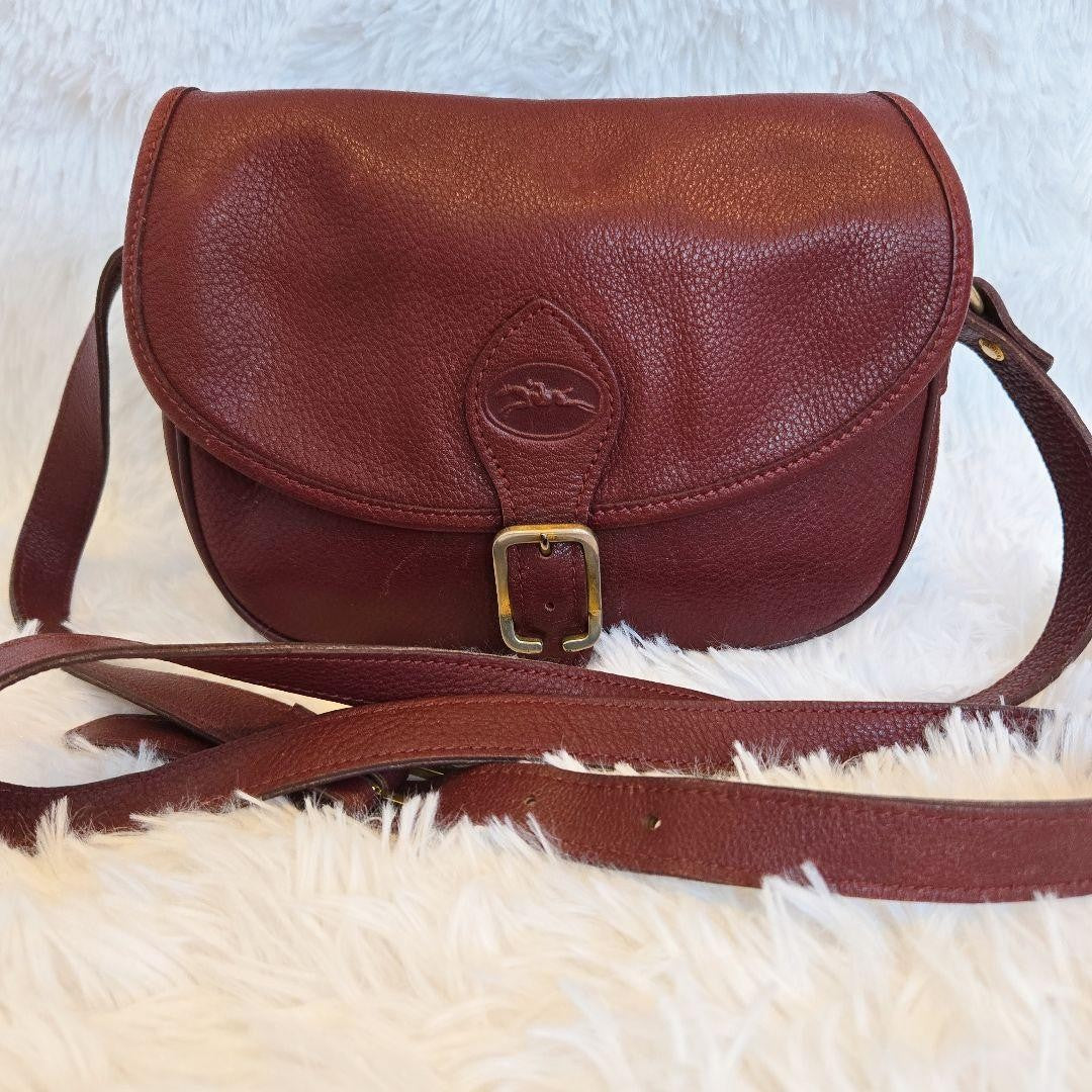 Longchamp Shoulder Bag Purse Leather Burgundy Authentic