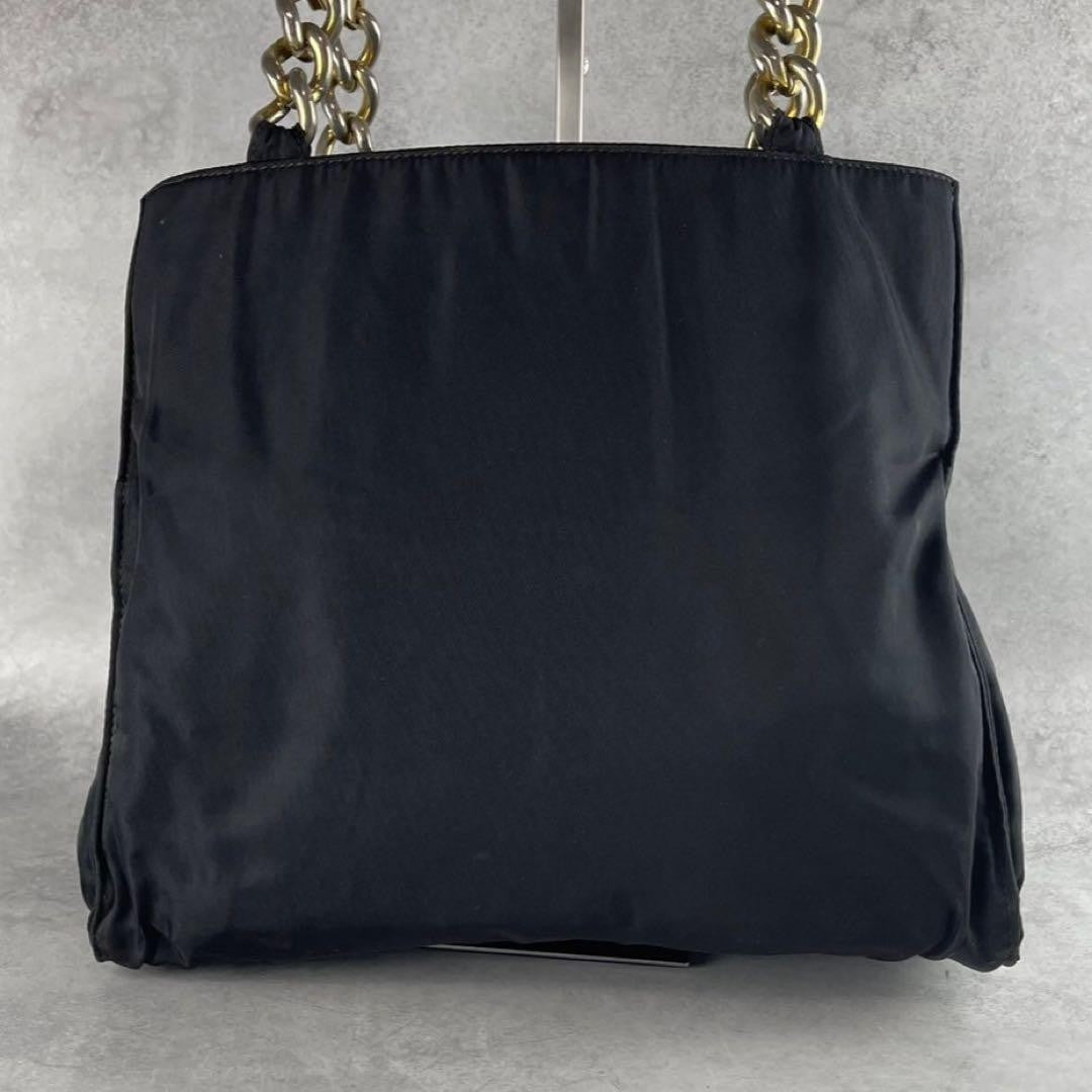 PRADA Hand Bag Tote Purse Logo Nylon Leather Black Gold Authentic