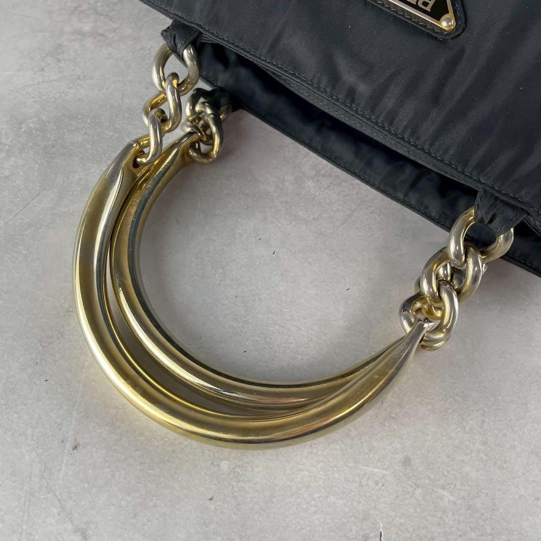 PRADA Hand Bag Tote Purse Logo Nylon Leather Black Gold Authentic