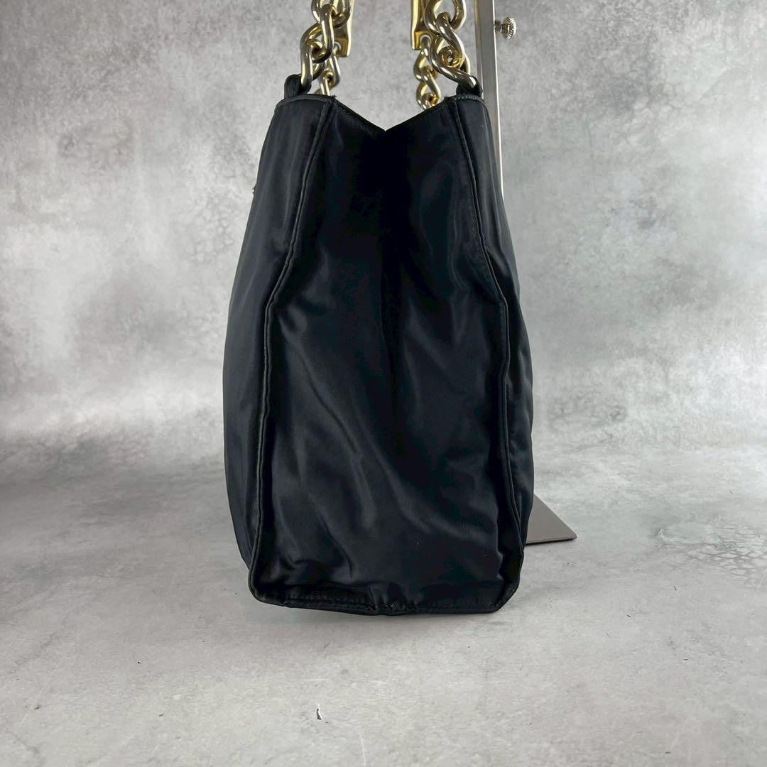 PRADA Hand Bag Tote Purse Logo Nylon Leather Black Gold Authentic