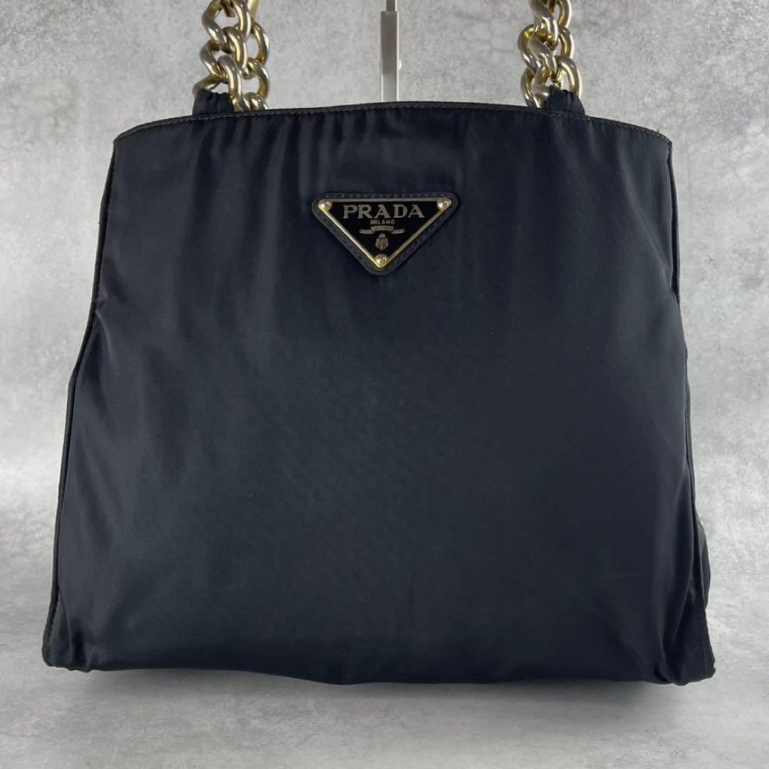 PRADA Hand Bag Tote Purse Logo Nylon Leather Black Gold Authentic