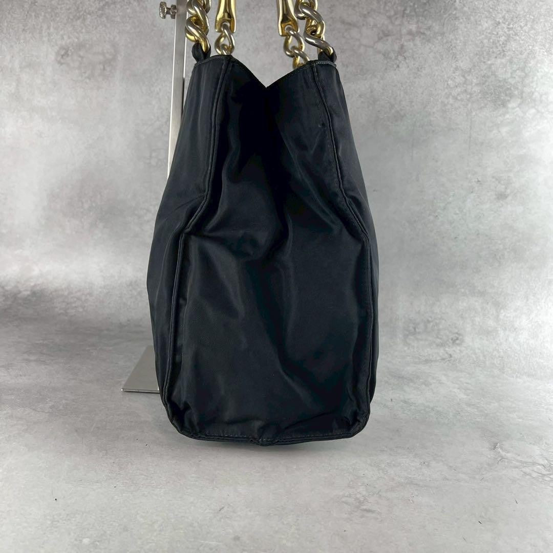 PRADA Hand Bag Tote Purse Logo Nylon Leather Black Gold Authentic
