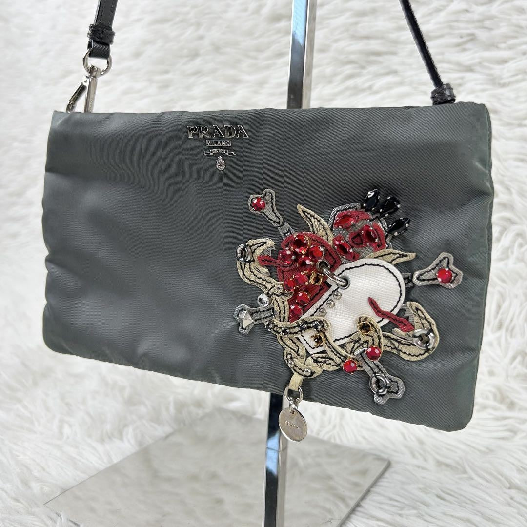 PRADA Accessory Pouch Hand Bag Tote Purse Nylon Leather Gray Authentic