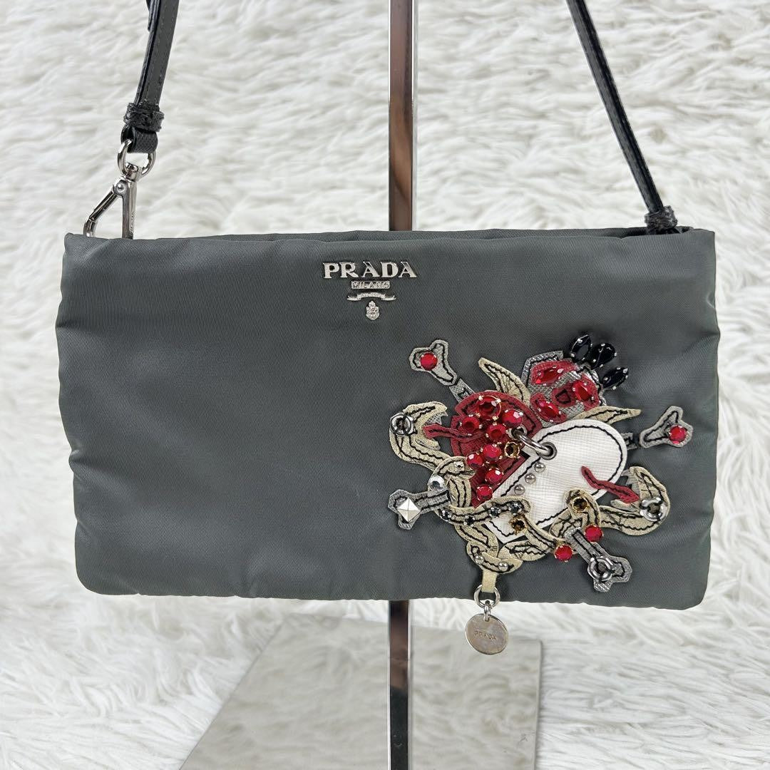 PRADA Accessory Pouch Hand Bag Tote Purse Nylon Leather Gray Authentic