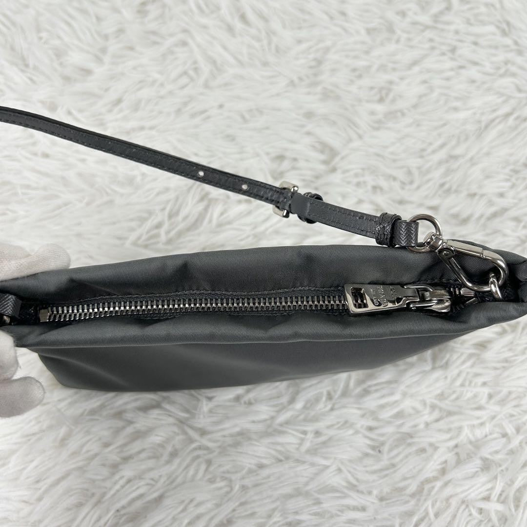 PRADA Accessory Pouch Hand Bag Tote Purse Nylon Leather Gray Authentic