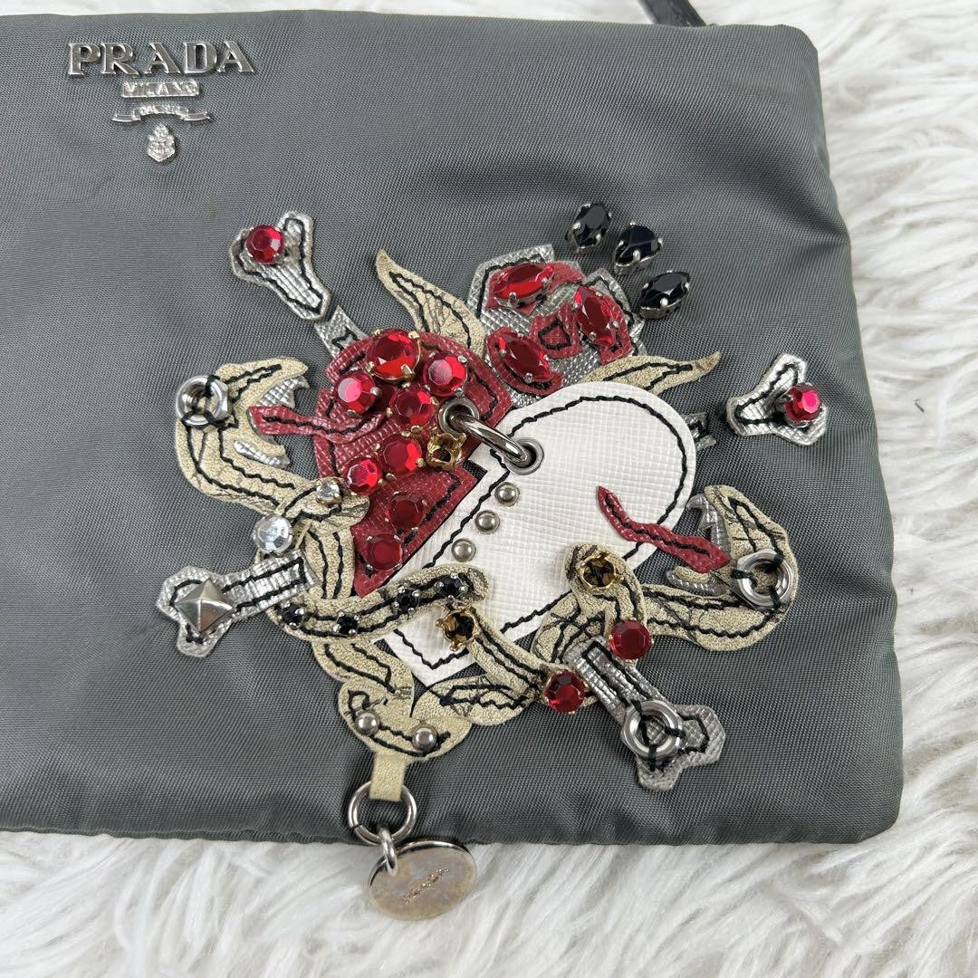 PRADA Accessory Pouch Hand Bag Tote Purse Nylon Leather Gray Authentic
