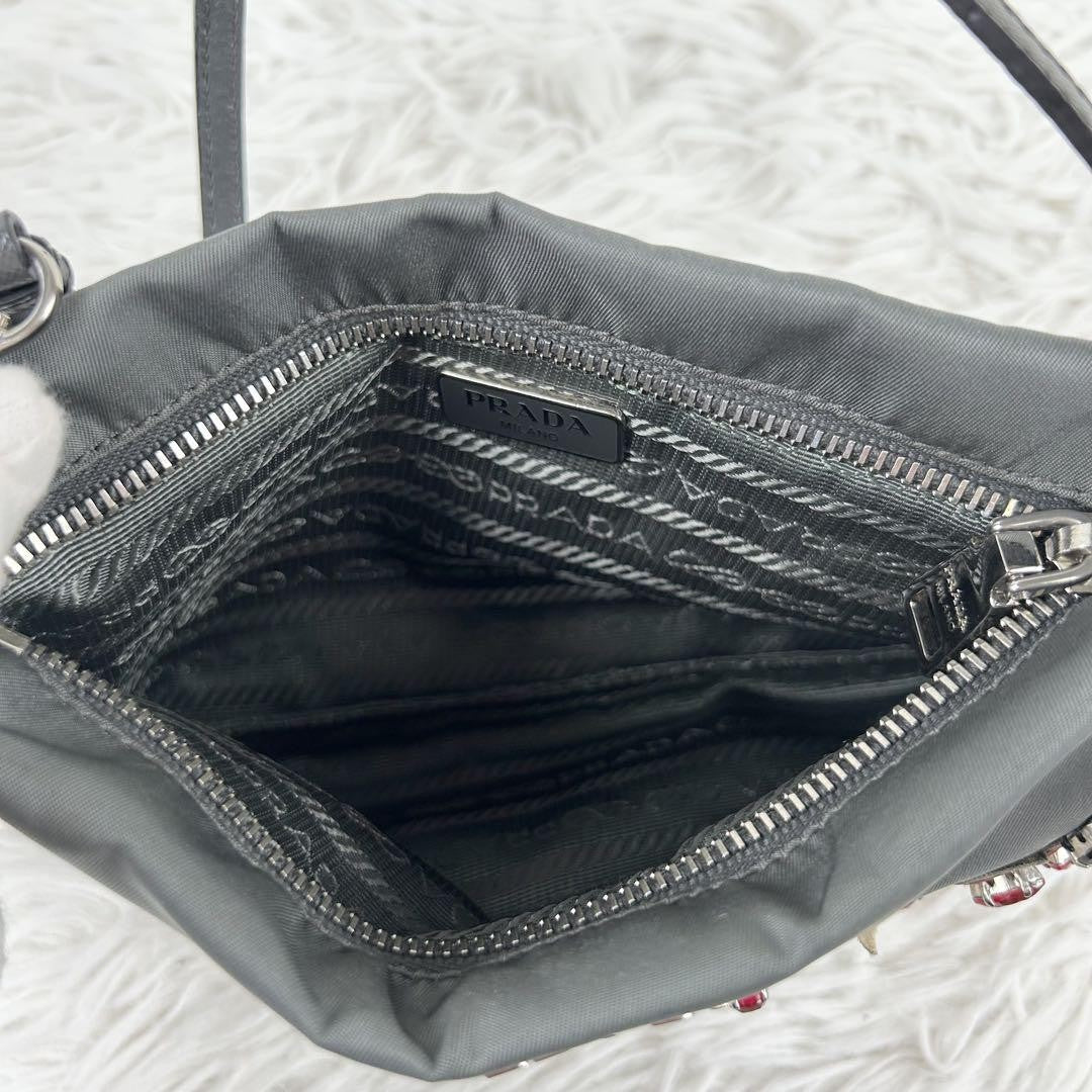 PRADA Accessory Pouch Hand Bag Tote Purse Nylon Leather Gray Authentic