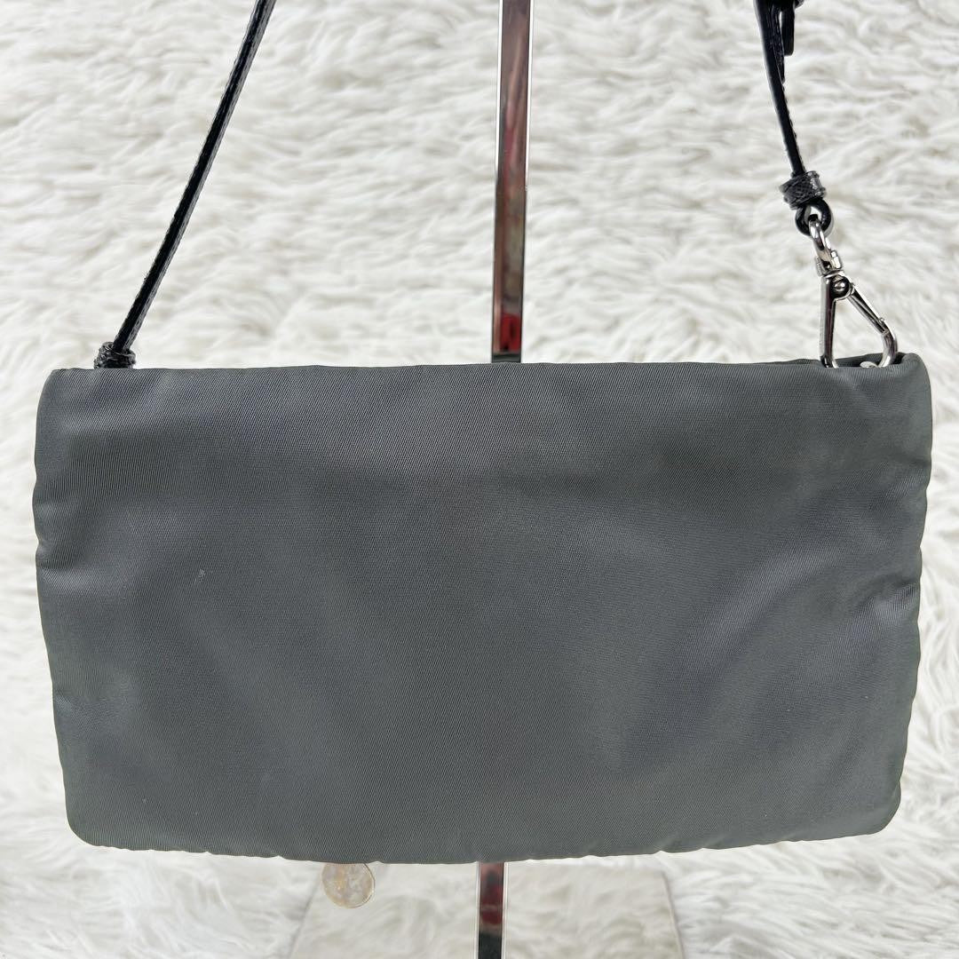 PRADA Accessory Pouch Hand Bag Tote Purse Nylon Leather Gray Authentic