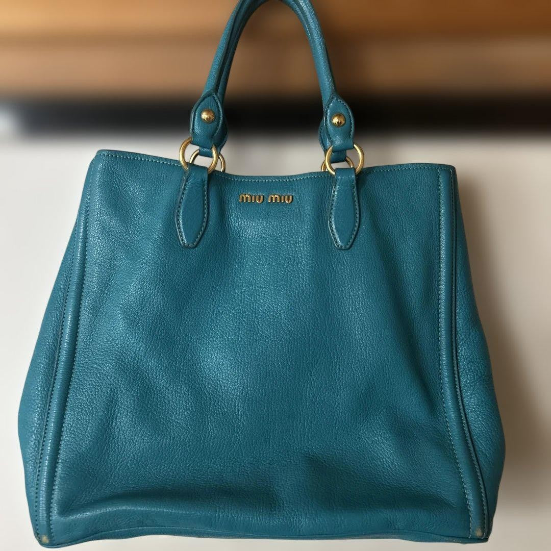 MIU MIU Hand Bag Tote Purse Logo Leather Turquoise Authentic