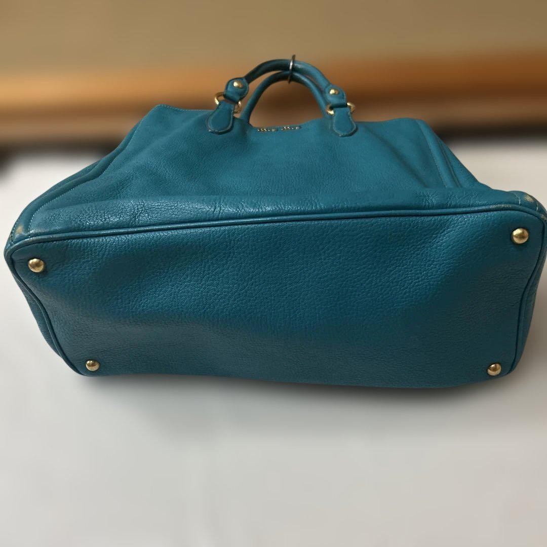 MIU MIU Hand Bag Tote Purse Logo Leather Turquoise Authentic