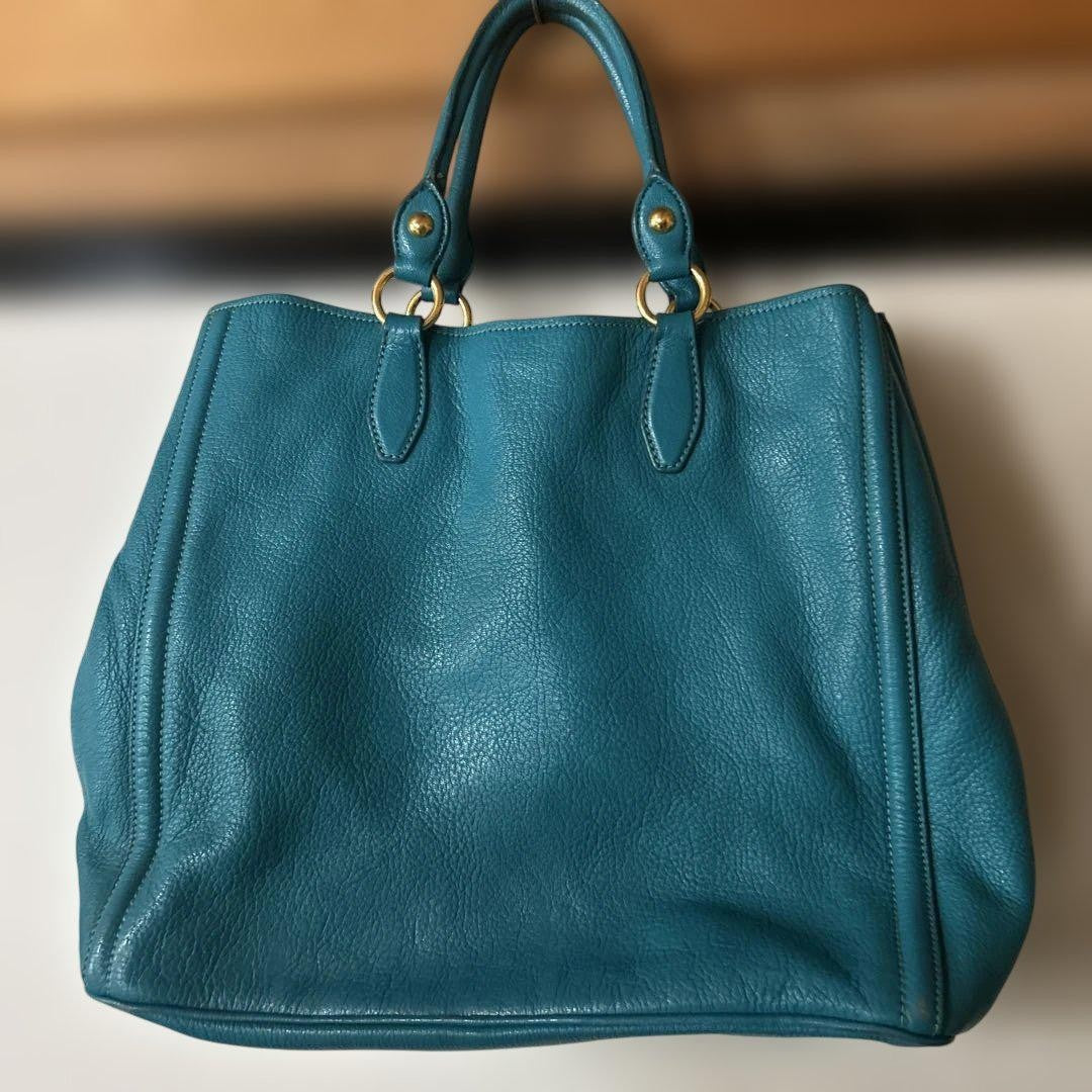 MIU MIU Hand Bag Tote Purse Logo Leather Turquoise Authentic