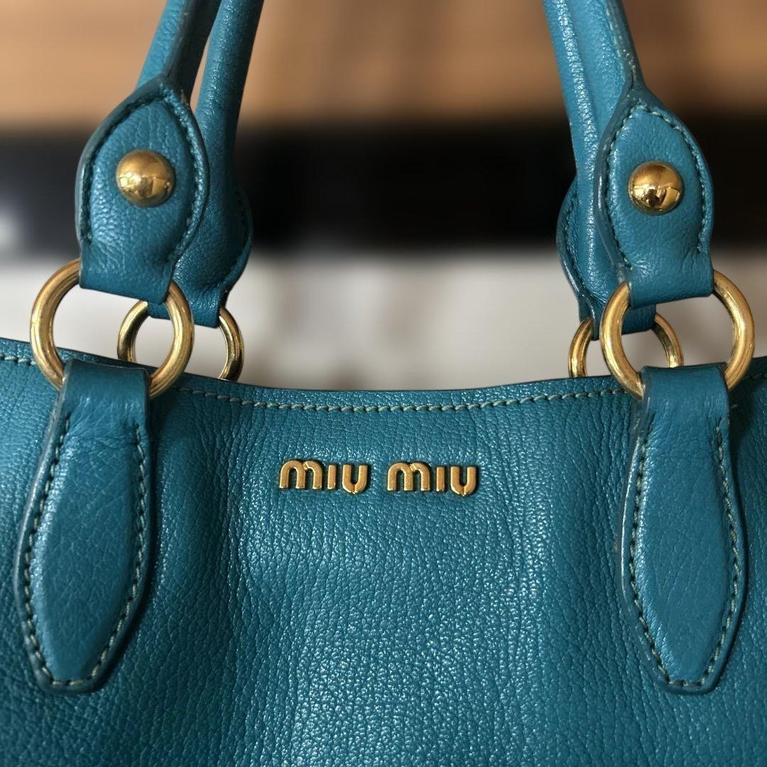 MIU MIU Hand Bag Tote Purse Logo Leather Turquoise Authentic