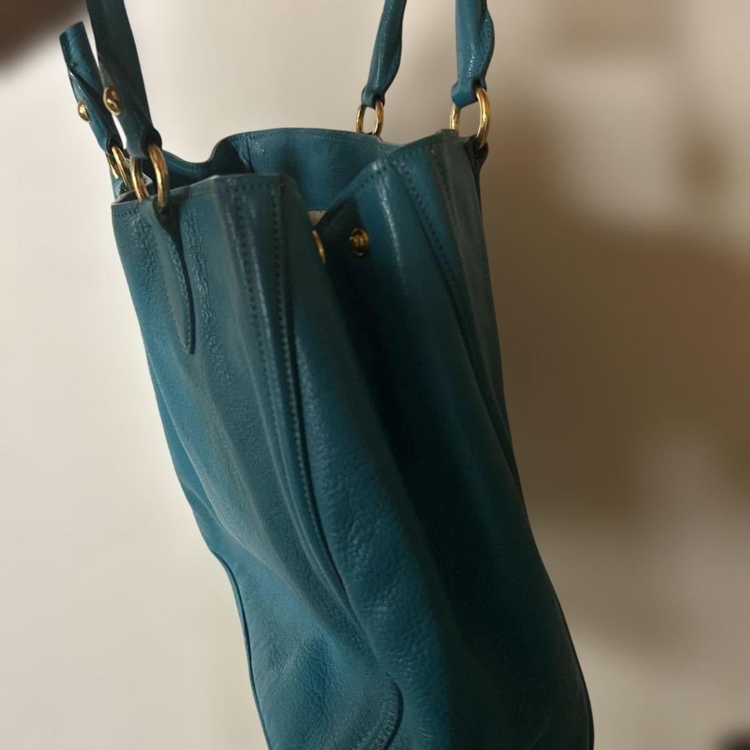 MIU MIU Hand Bag Tote Purse Logo Leather Turquoise Authentic