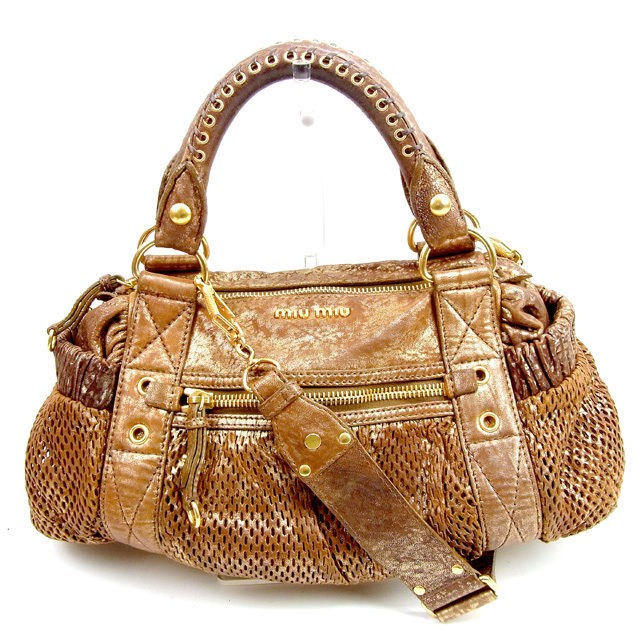 MIU MIU Boston Bag Hand Bag Tote Purse Logo Mesh Gold Authentic