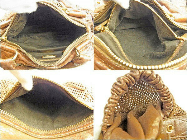 MIU MIU Boston Bag Hand Bag Tote Purse Logo Mesh Gold Authentic