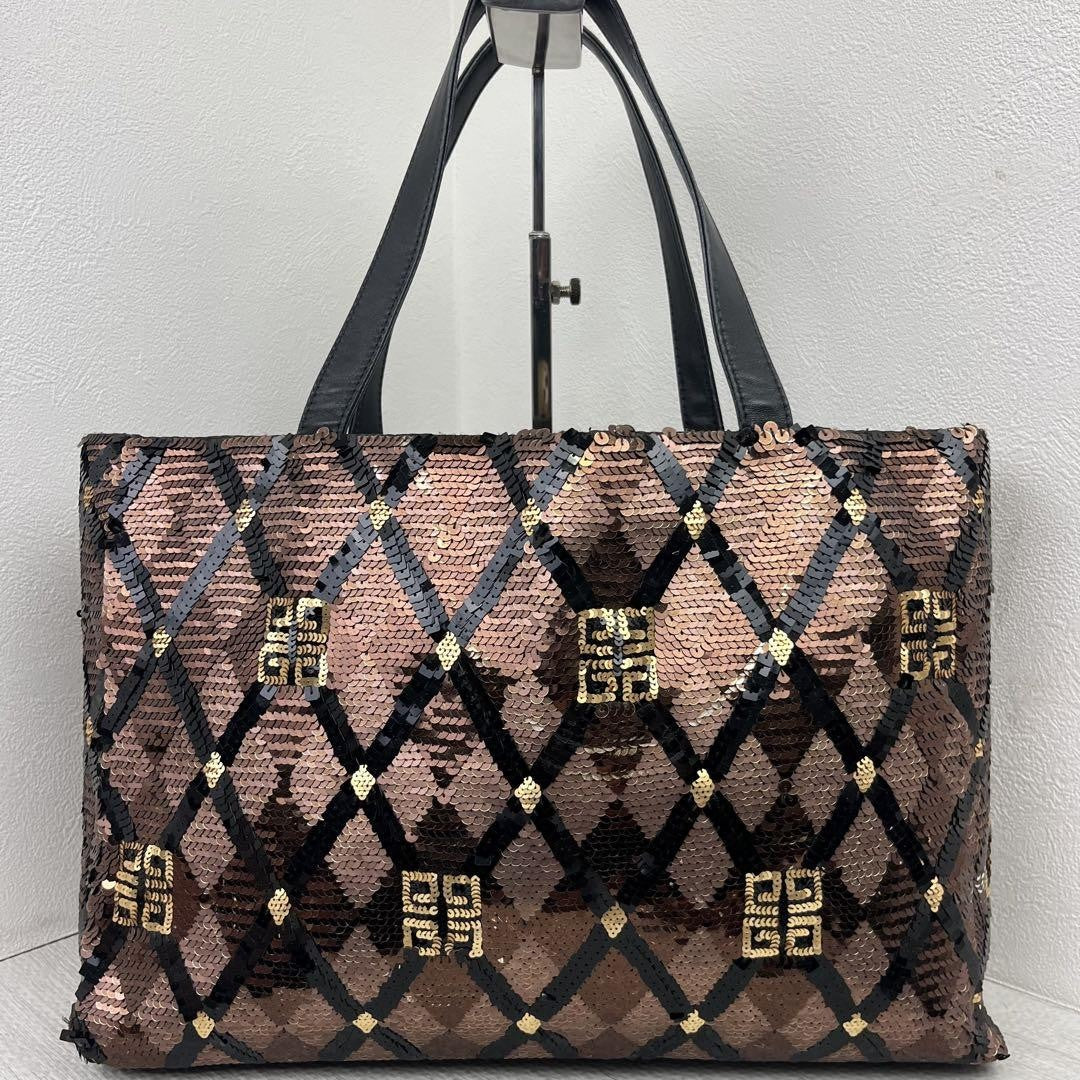 GIVENCHY Hand Bag Tote Purse 4G Sequin Leather Brown Authentic