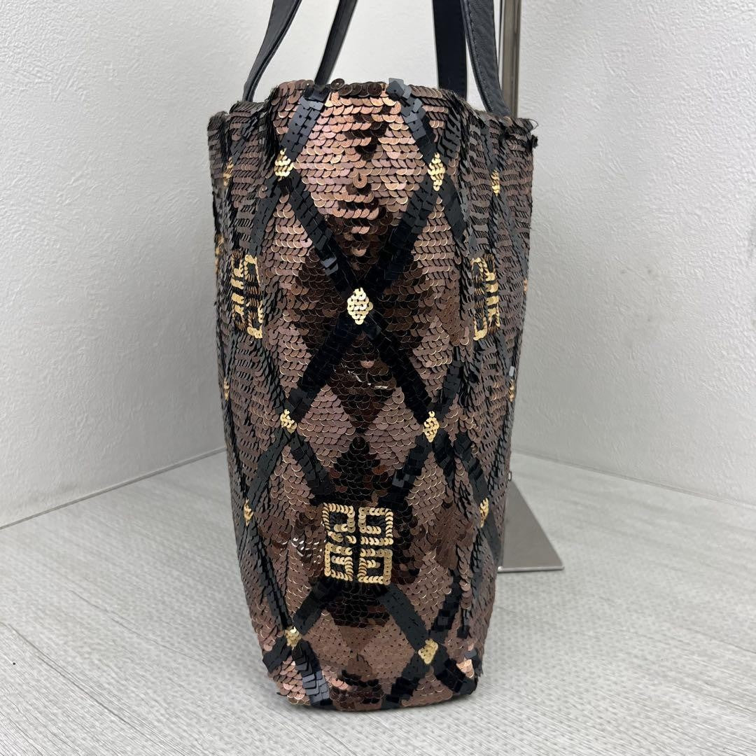 GIVENCHY Hand Bag Tote Purse 4G Sequin Leather Brown Authentic