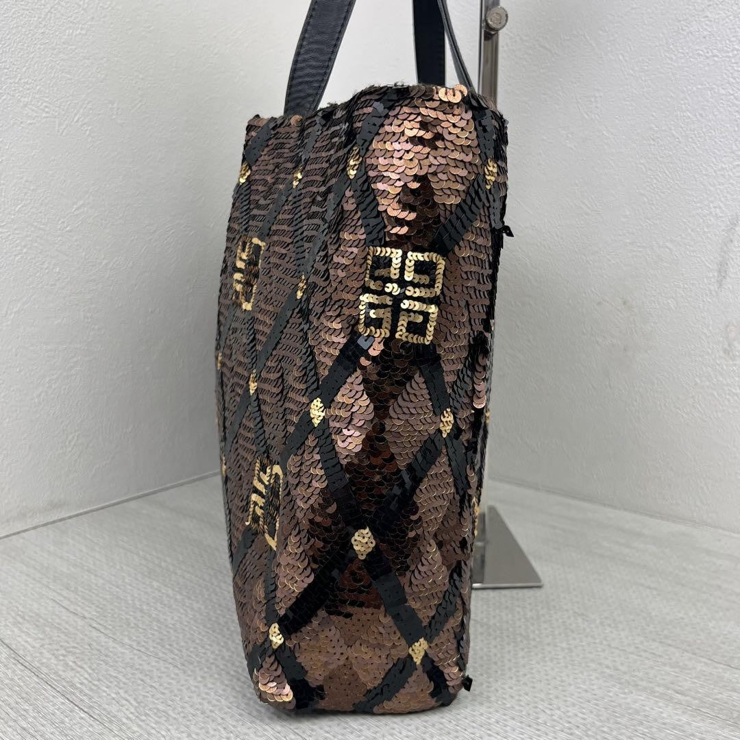 GIVENCHY Hand Bag Tote Purse 4G Sequin Leather Brown Authentic