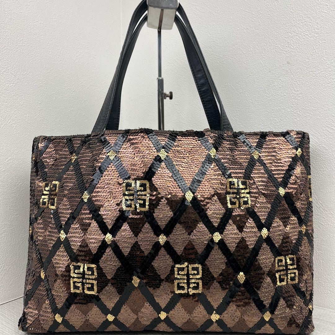 GIVENCHY Hand Bag Tote Purse 4G Sequin Leather Brown Authentic