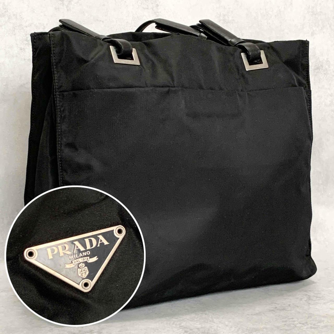 PRADA Tote Shoulder Bag Hand Purse Logo Nylon Black Silver Used Unisex Authentic