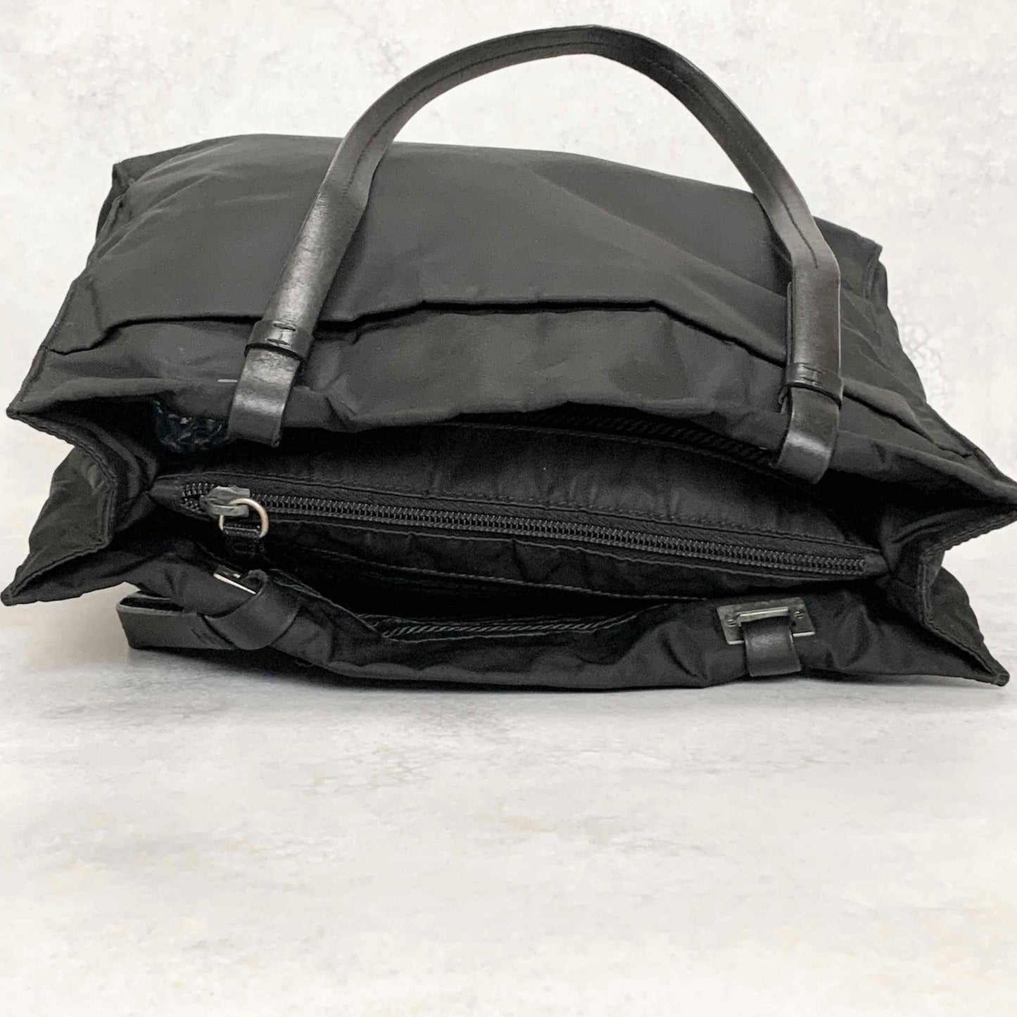 PRADA Tote Shoulder Bag Hand Purse Logo Nylon Black Silver Used Unisex Authentic