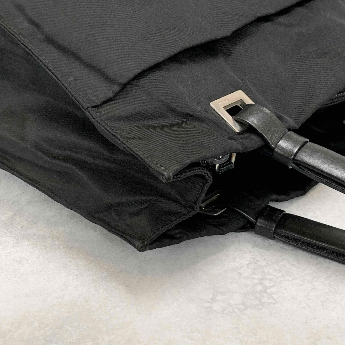 PRADA Tote Shoulder Bag Hand Purse Logo Nylon Black Silver Used Unisex Authentic