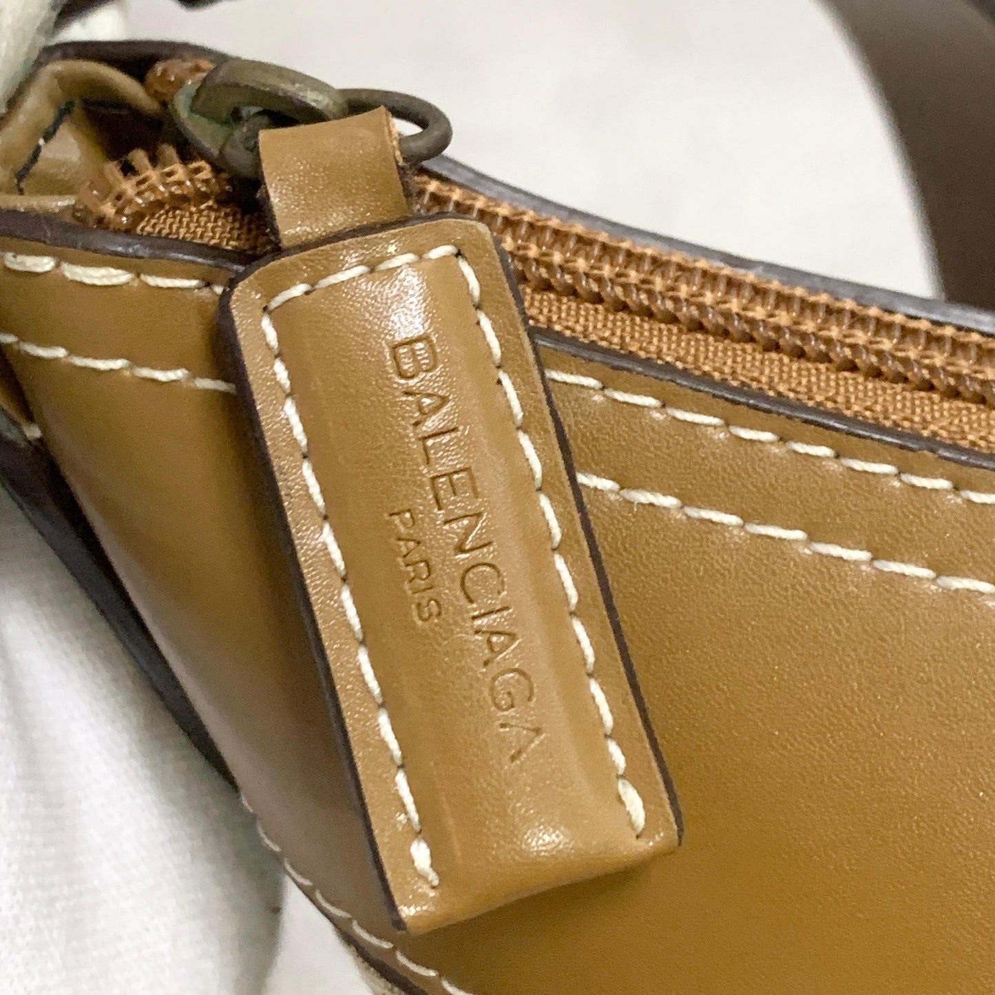 BALENCIAGA Bag BB Logo Shoulder Purse Canvas Leather Beige Gold Authentic