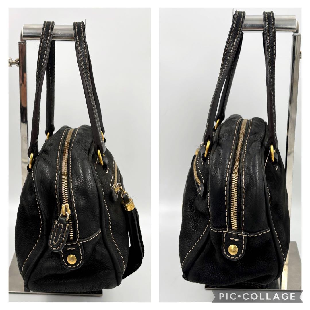 LOEWE Hand Bag Shoulder Tote Purse Anagram Tassel Leather Black Authentic