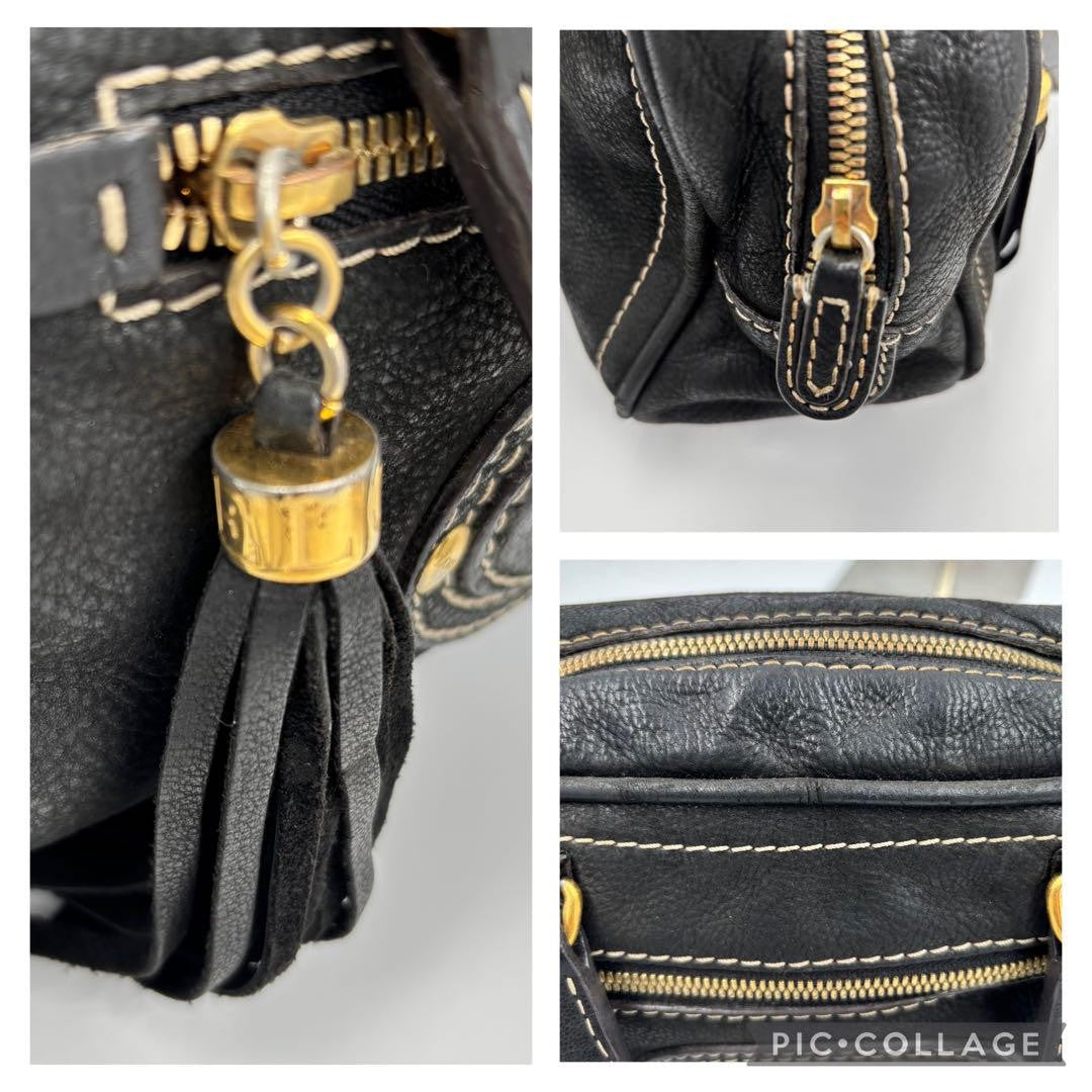 LOEWE Hand Bag Shoulder Tote Purse Anagram Tassel Leather Black Authentic