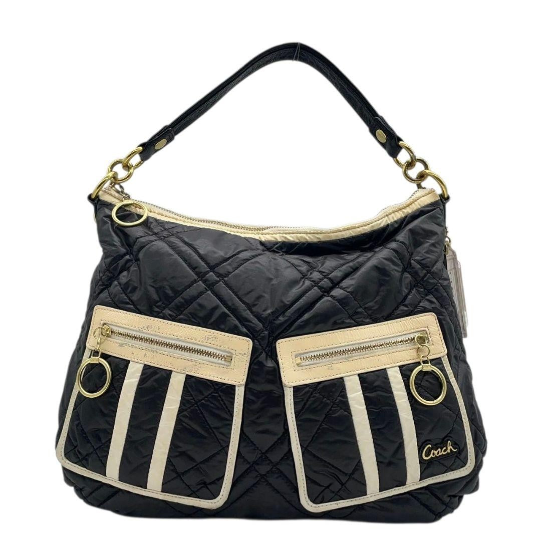 COACH Hand Bag Tote Purse 15872 Nylon Leather Black White Authentic
