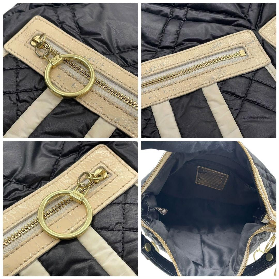 COACH Hand Bag Tote Purse 15872 Nylon Leather Black White Authentic