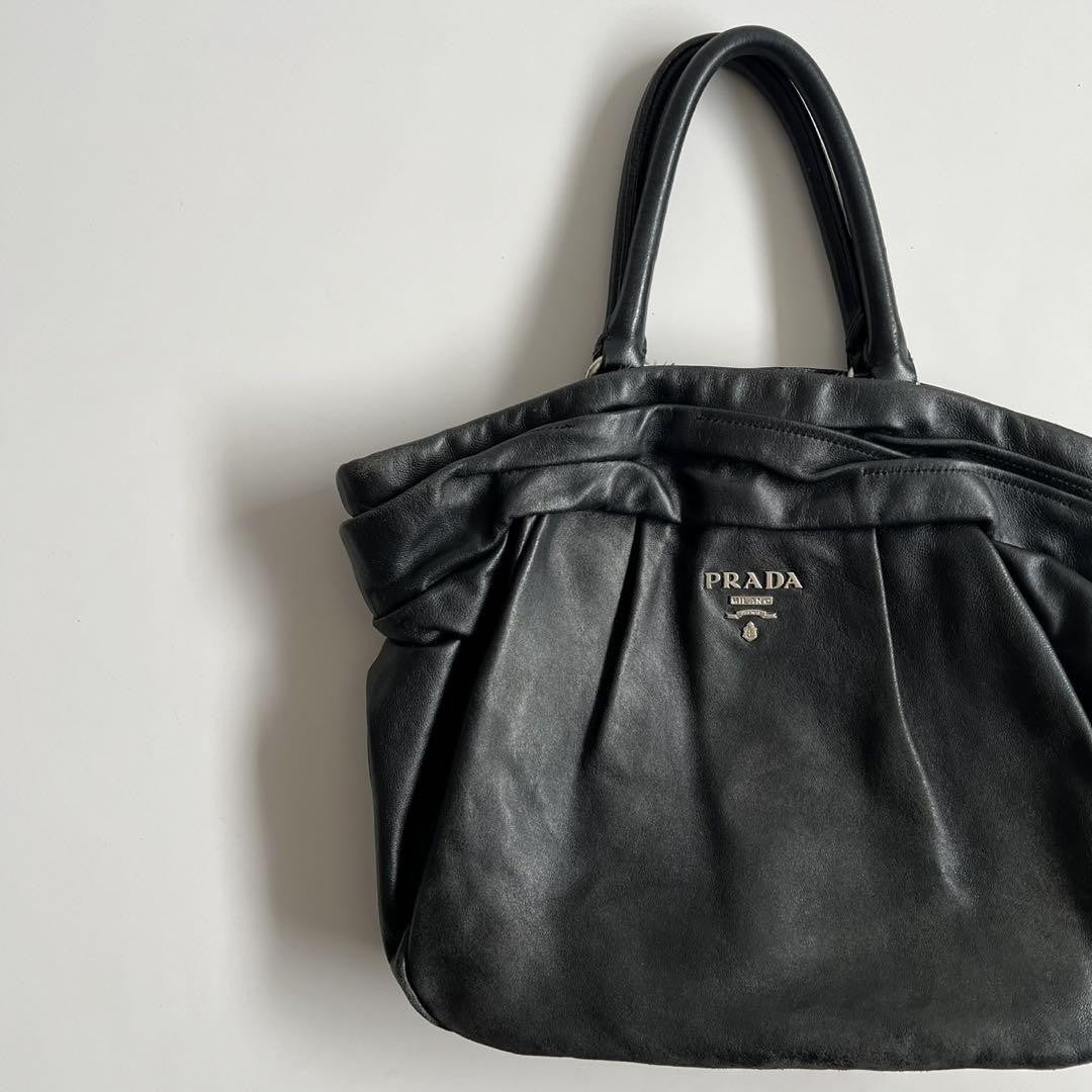 PRADA Hand Bag Tote Purse GATHER DESIGN Leather Black Authentic