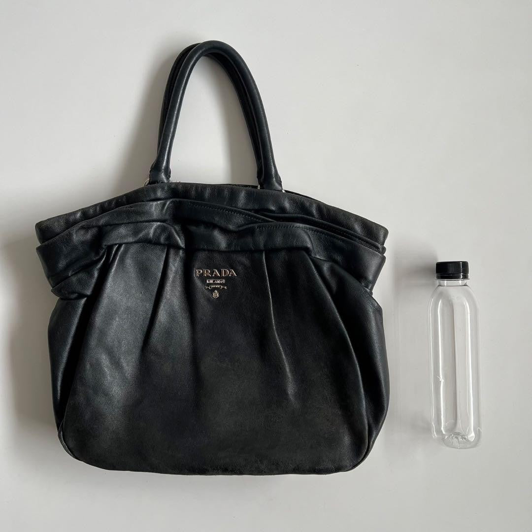 PRADA Hand Bag Tote Purse GATHER DESIGN Leather Black Authentic