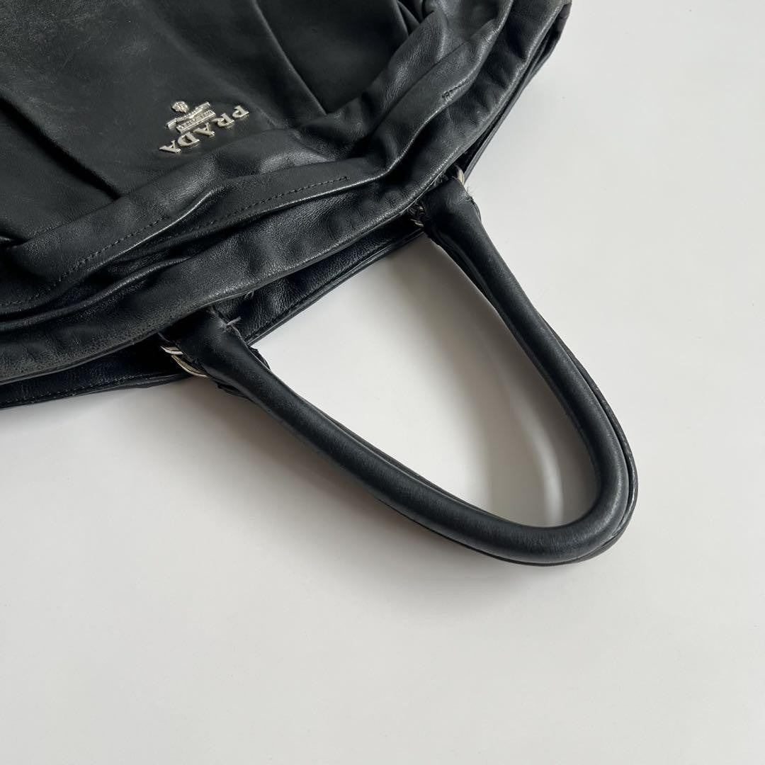 PRADA Hand Bag Tote Purse GATHER DESIGN Leather Black Authentic