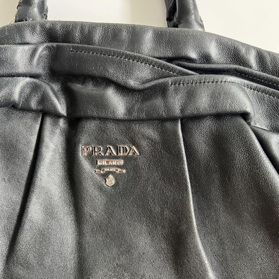 PRADA Hand Bag Tote Purse GATHER DESIGN Leather Black Authentic