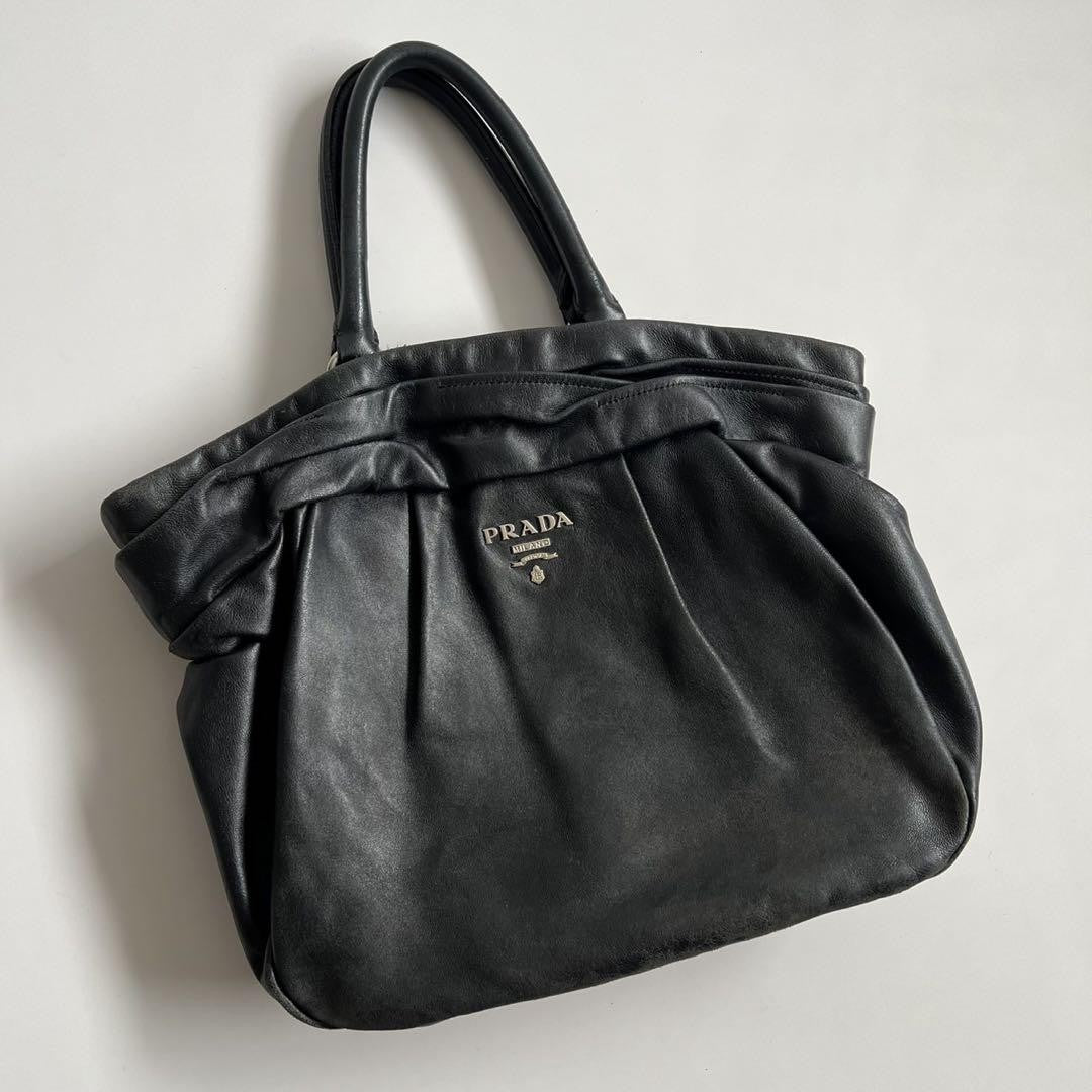PRADA Hand Bag Tote Purse GATHER DESIGN Leather Black Authentic