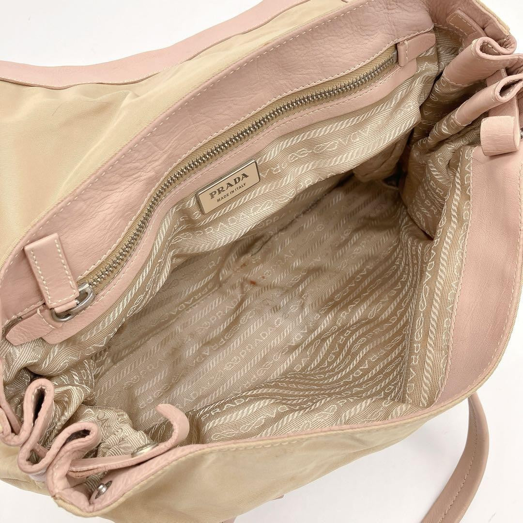 PRADA Shoulder Bag Purse Logo Nylon Leather Pink Brown Authentic